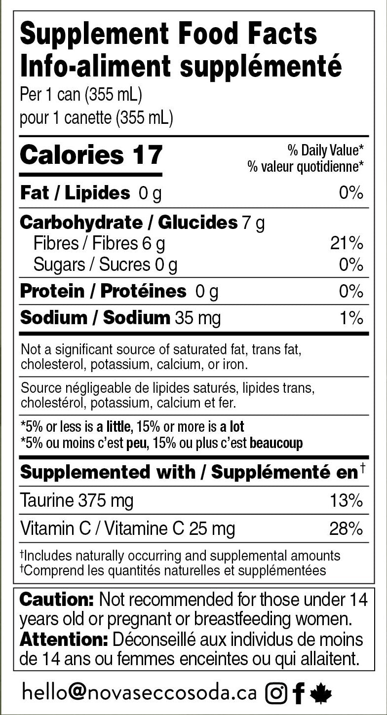 Novasecco prebiotic sparkling sodas information sheet showing fibre content and nutrition details