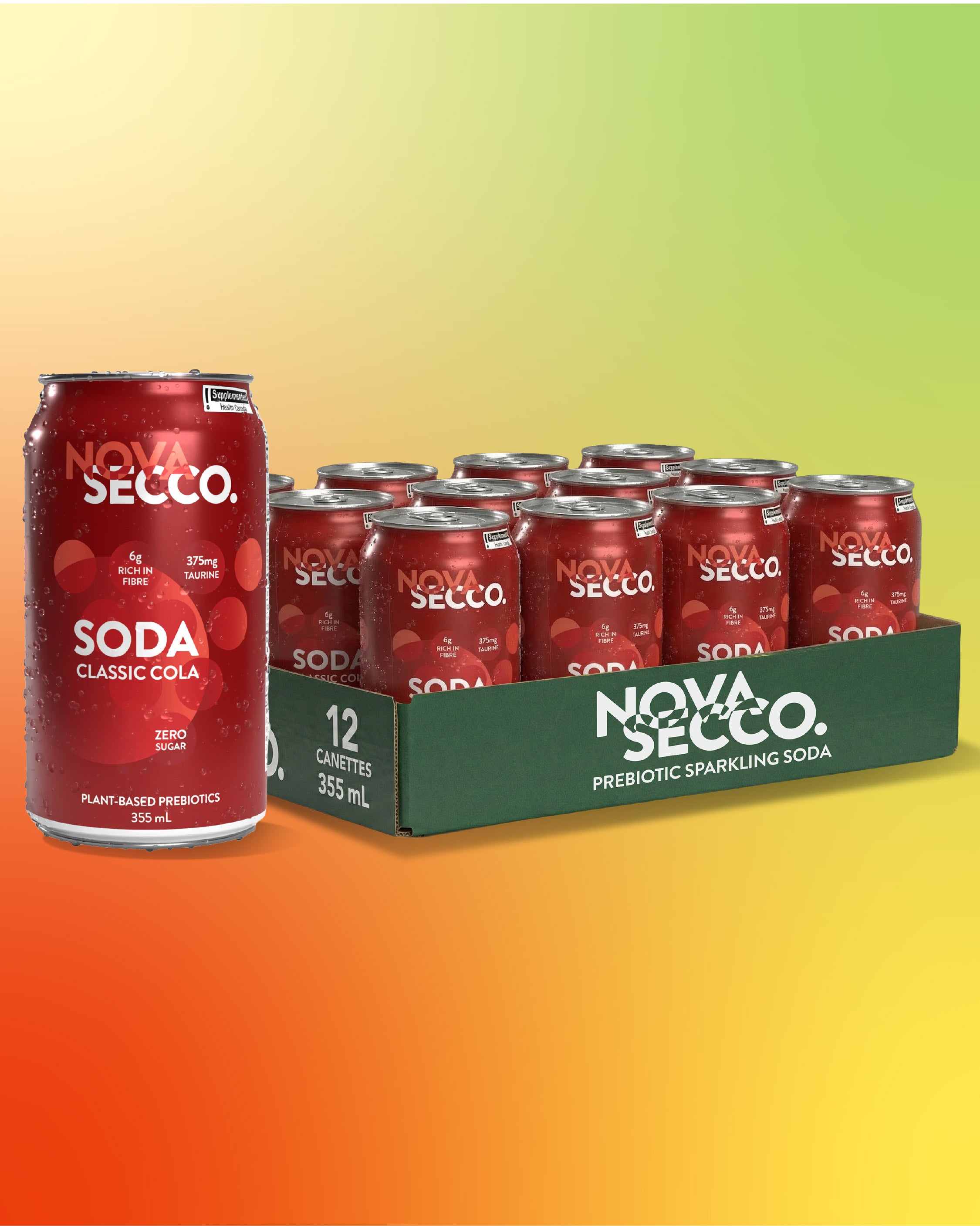 Novasecco Classic Cola can, prebiotic low sugar cola soda, lifestyle shot