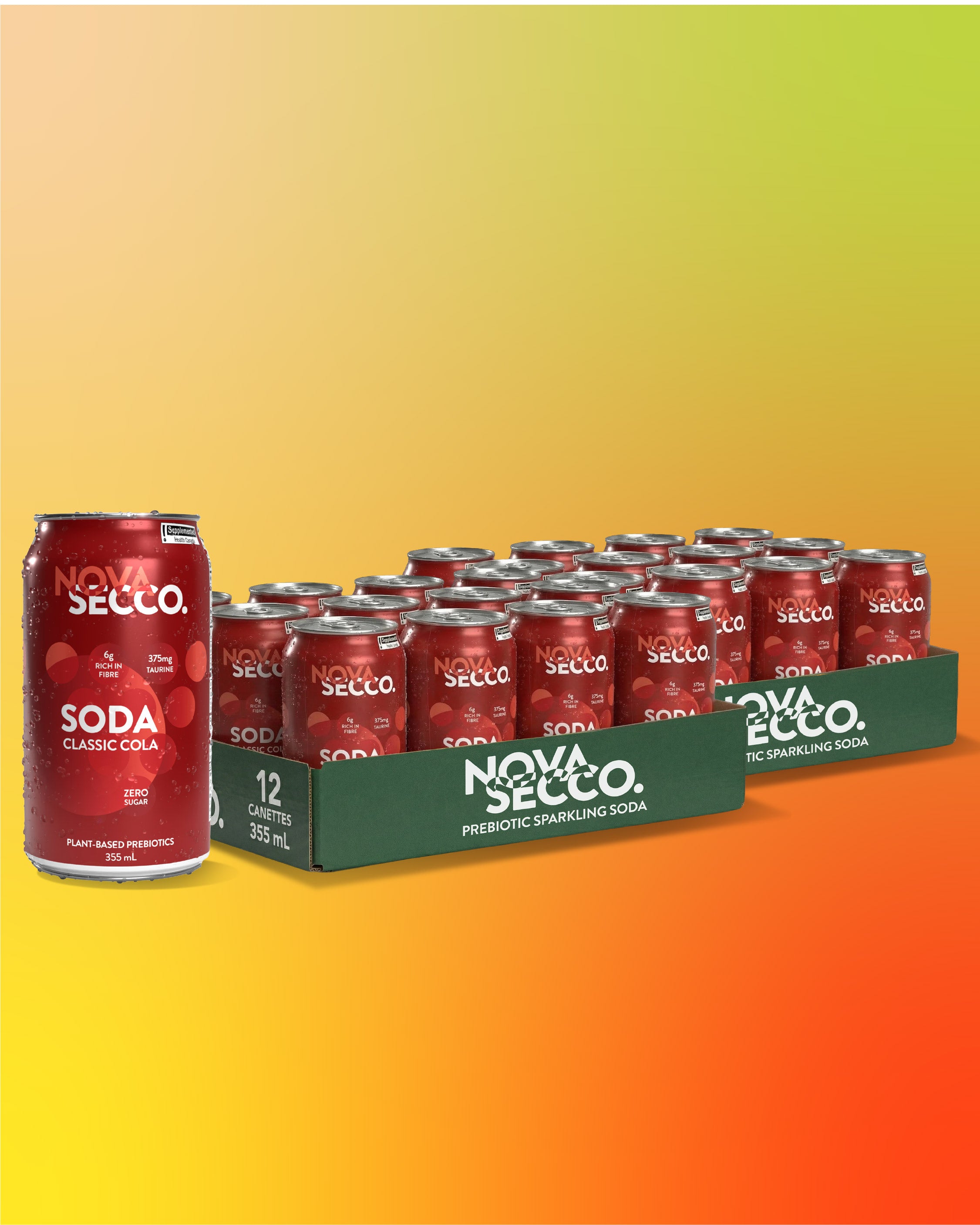 Novasecco Classic Cola can, prebiotic low sugar cola soda, packaging close-up