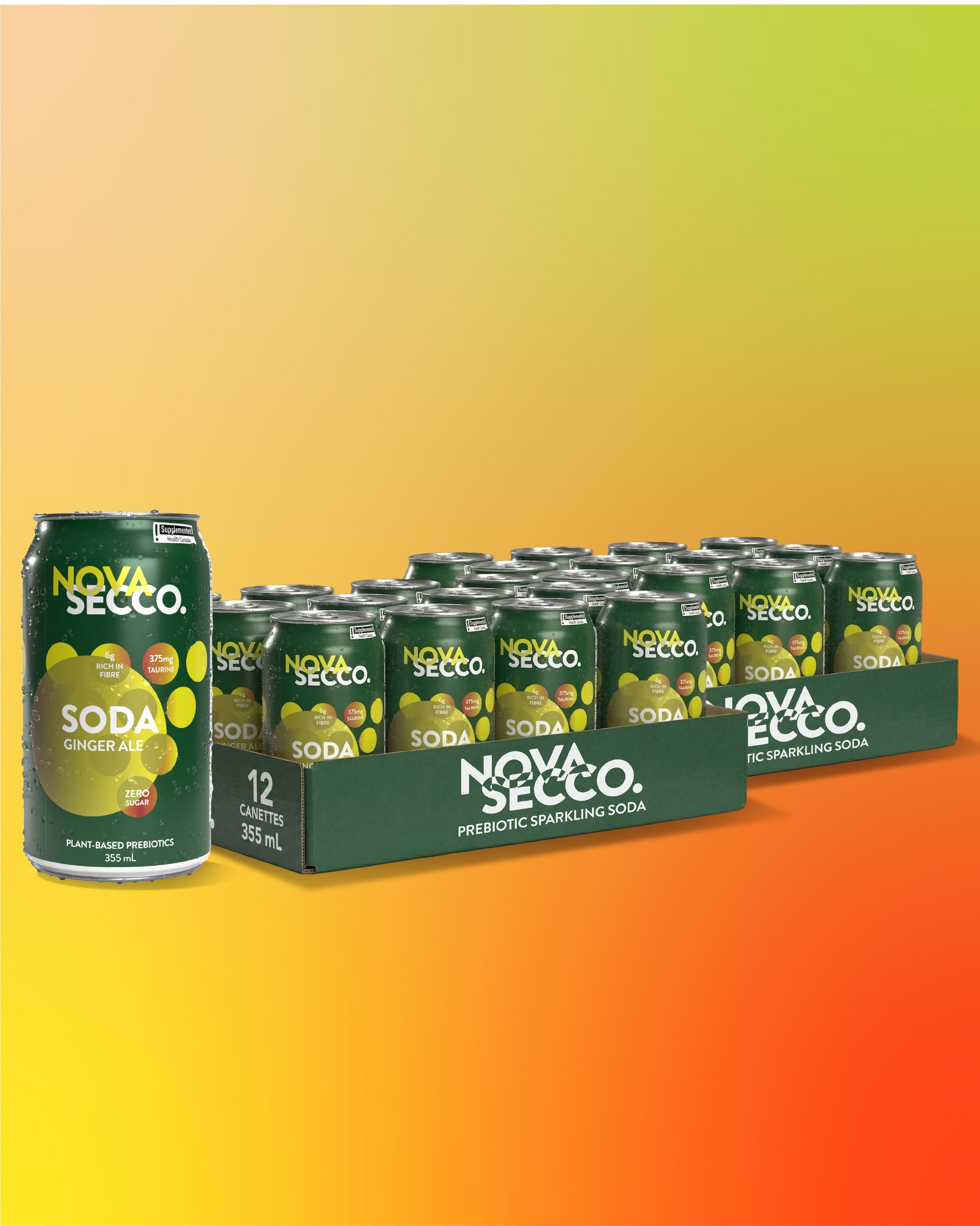 Novasecco Ginger Ale can, prebiotic sparkling ginger soda, packaging close-up
