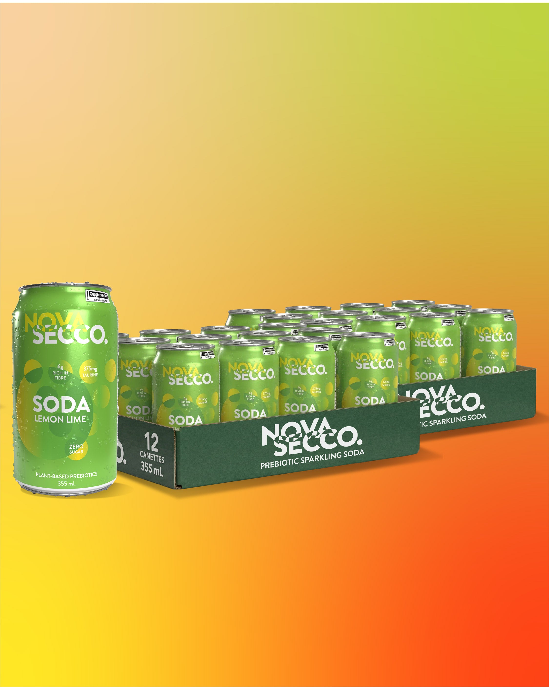 Novasecco Lemon Lime can, prebiotic citrus soda refreshment, packaging close-up