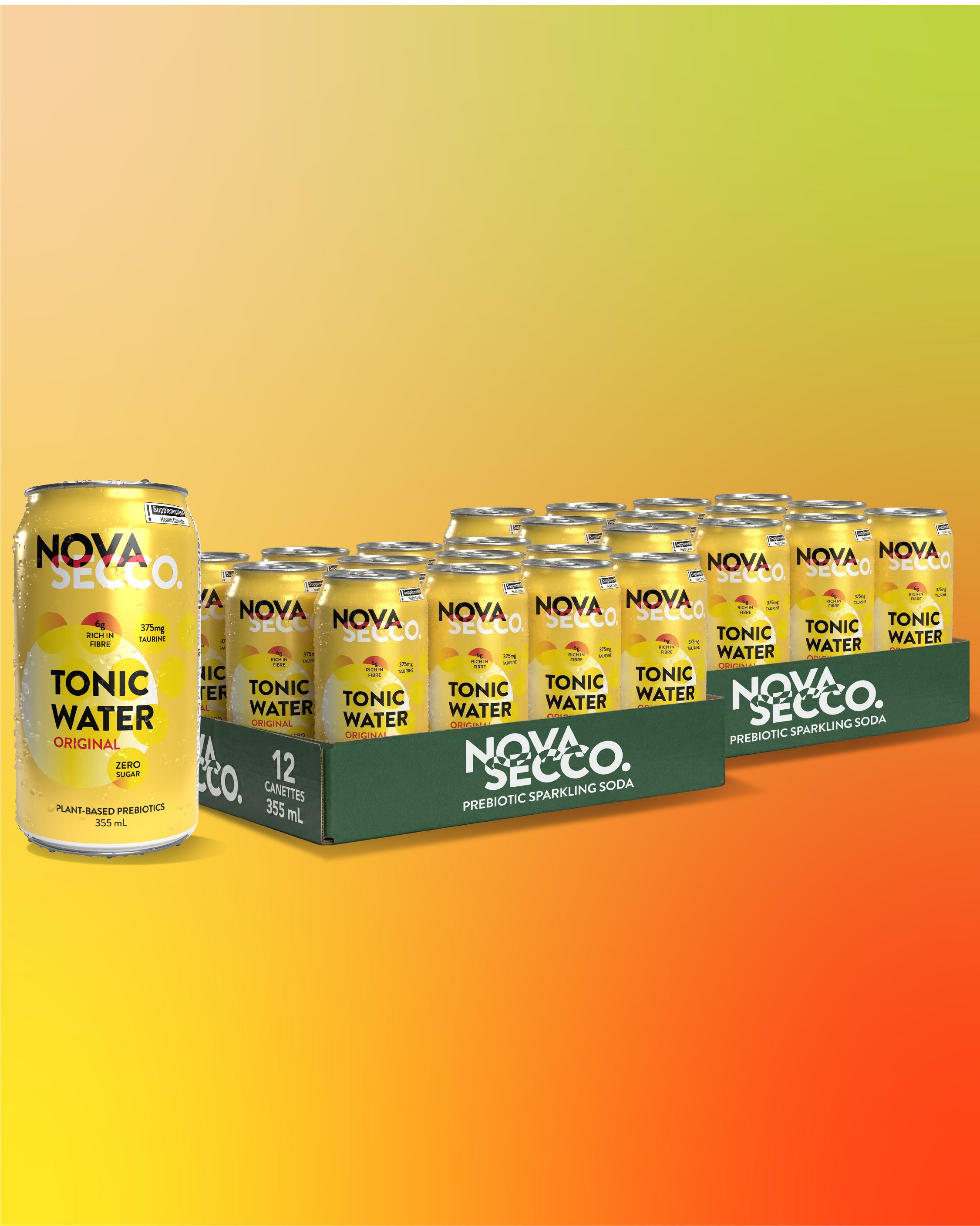 Novasecco Tonic Water can, dry prebiotic tonic soda, packaging close-up