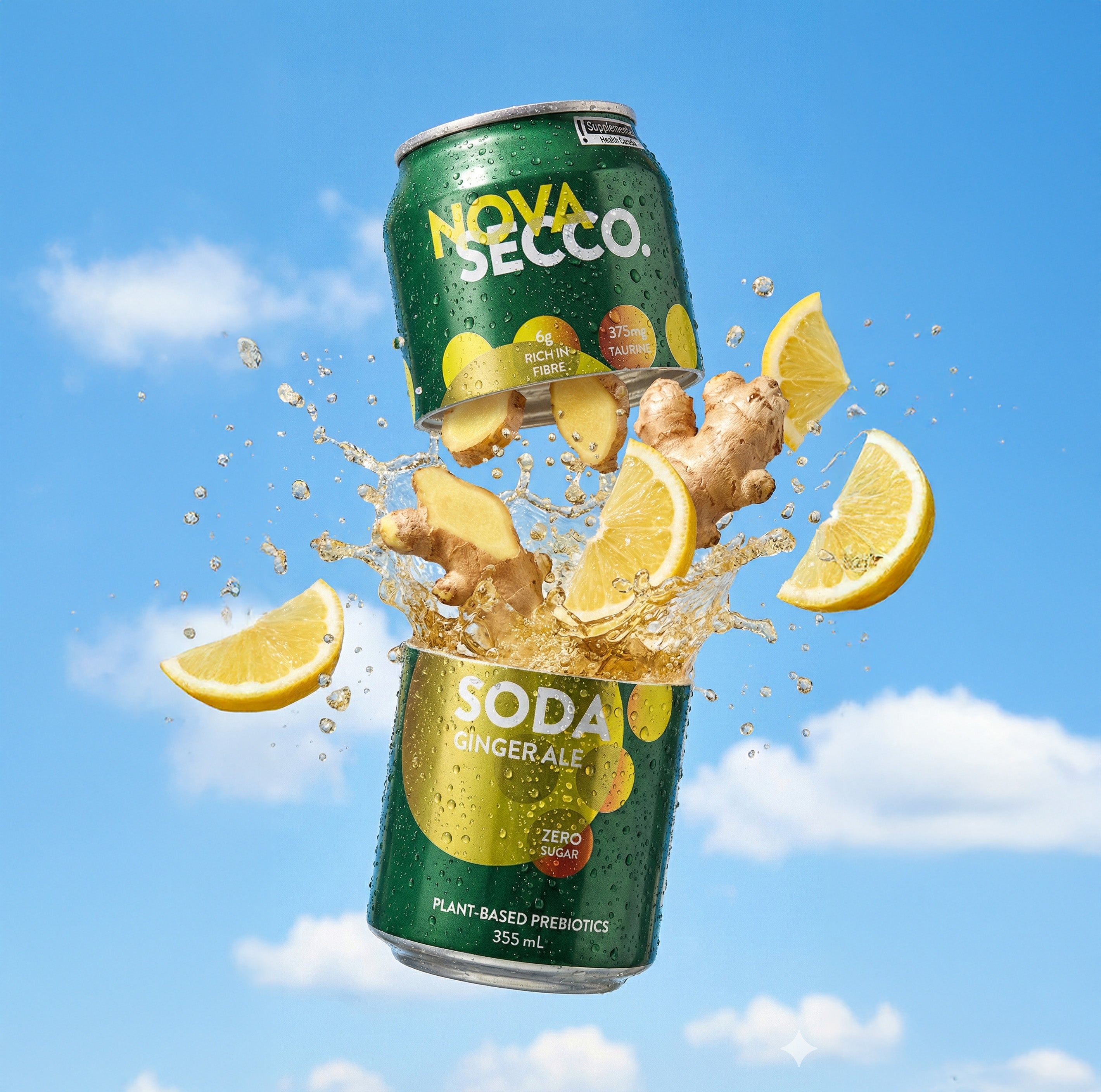 Novasecco Ginger Ale can, prebiotic sparkling ginger soda, label detail