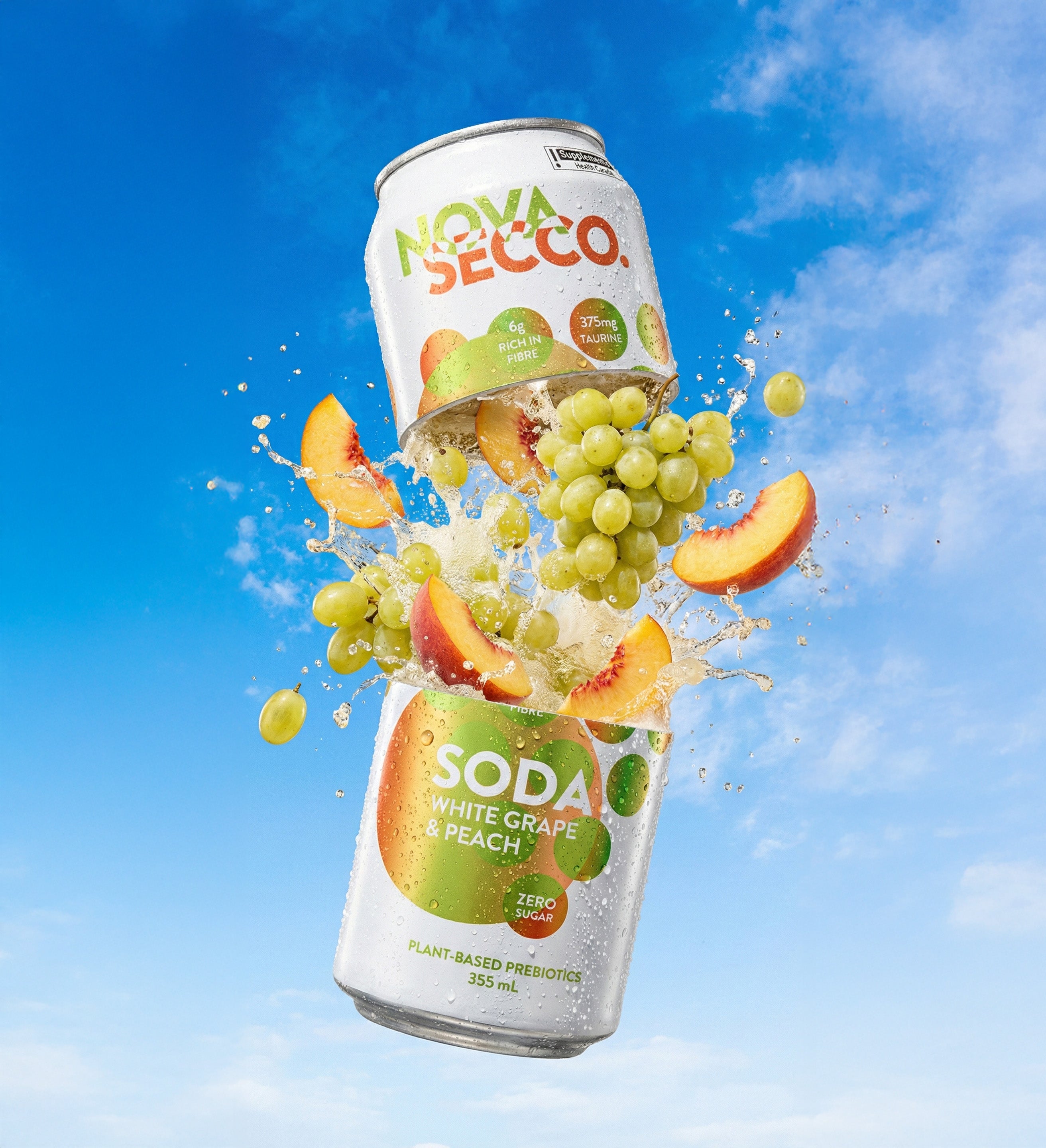 Novasecco White Grape and Peach can, prebiotic orchard fruit soda, label detail