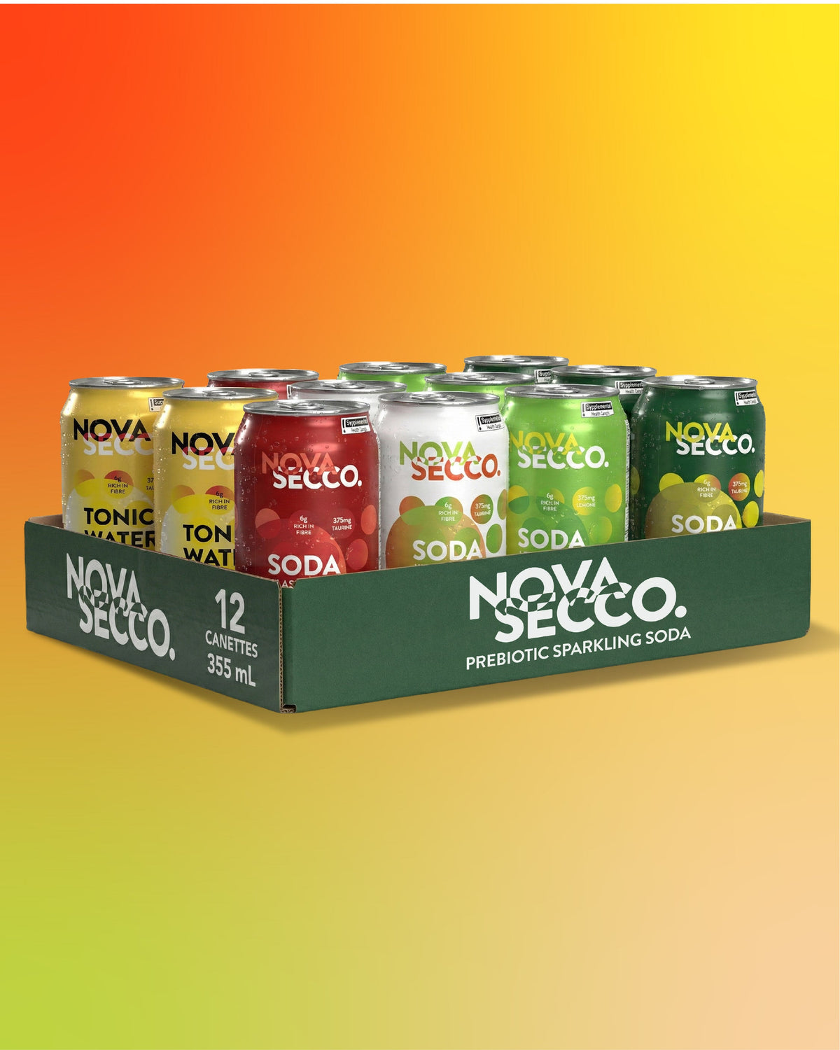 Novasecco Discovery Variety Pack case with all five prebiotic soda flavours