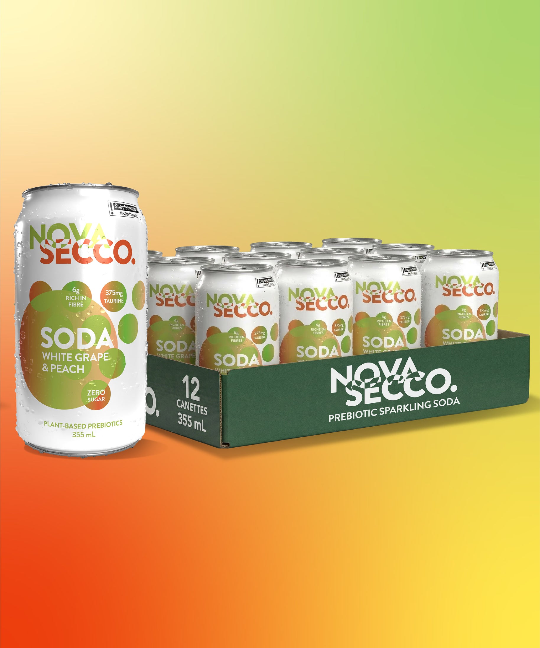 Novasecco White Grape and Peach can, prebiotic orchard fruit soda, lifestyle shot