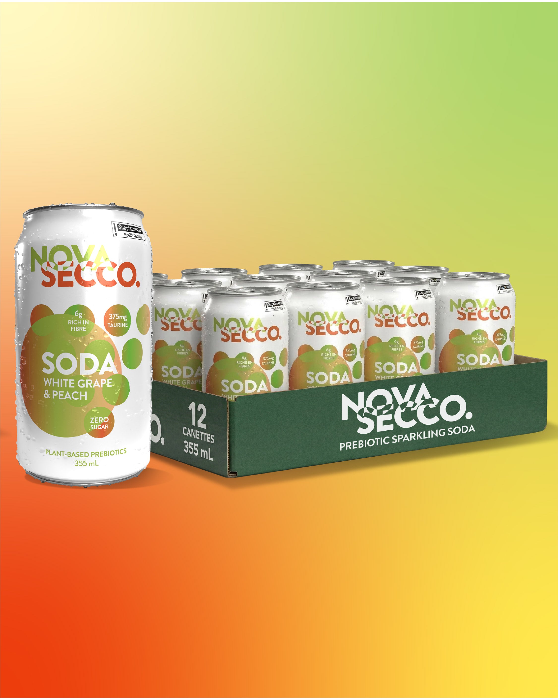 Novasecco White Grape and Peach can, prebiotic orchard fruit soda, lifestyle shot