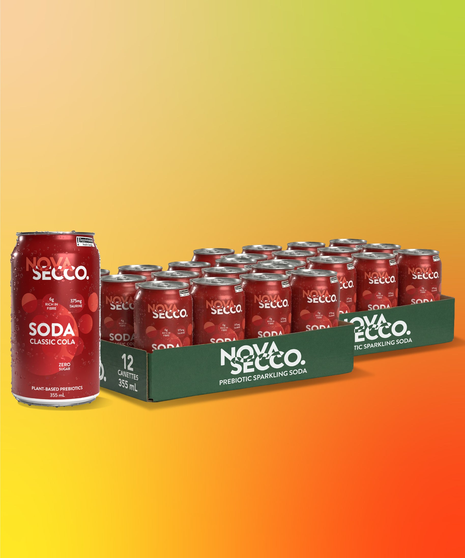 Novasecco Classic Cola can, prebiotic low sugar cola soda, packaging close-up