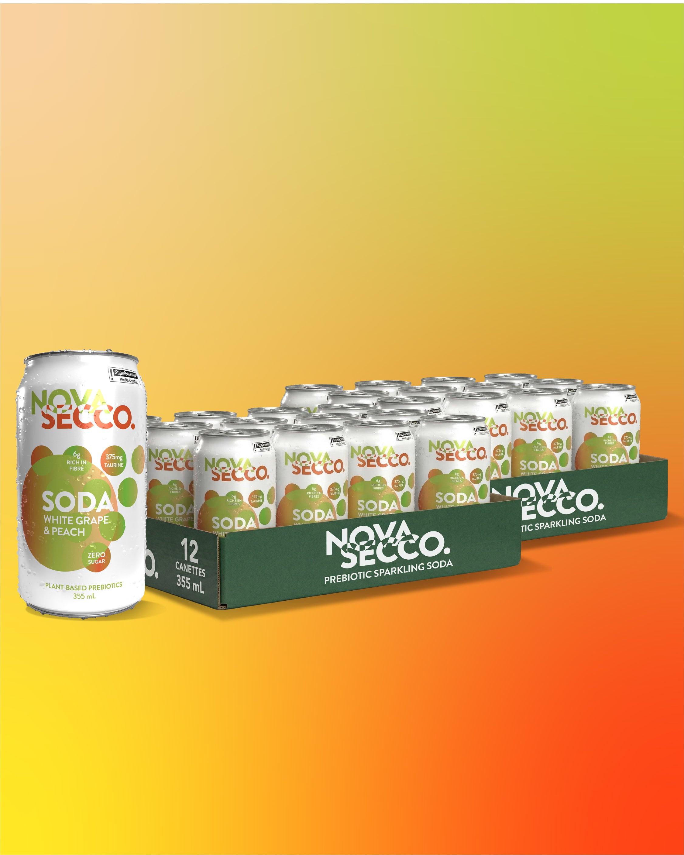 Novasecco White Grape and Peach can, prebiotic orchard fruit soda, packaging close-up