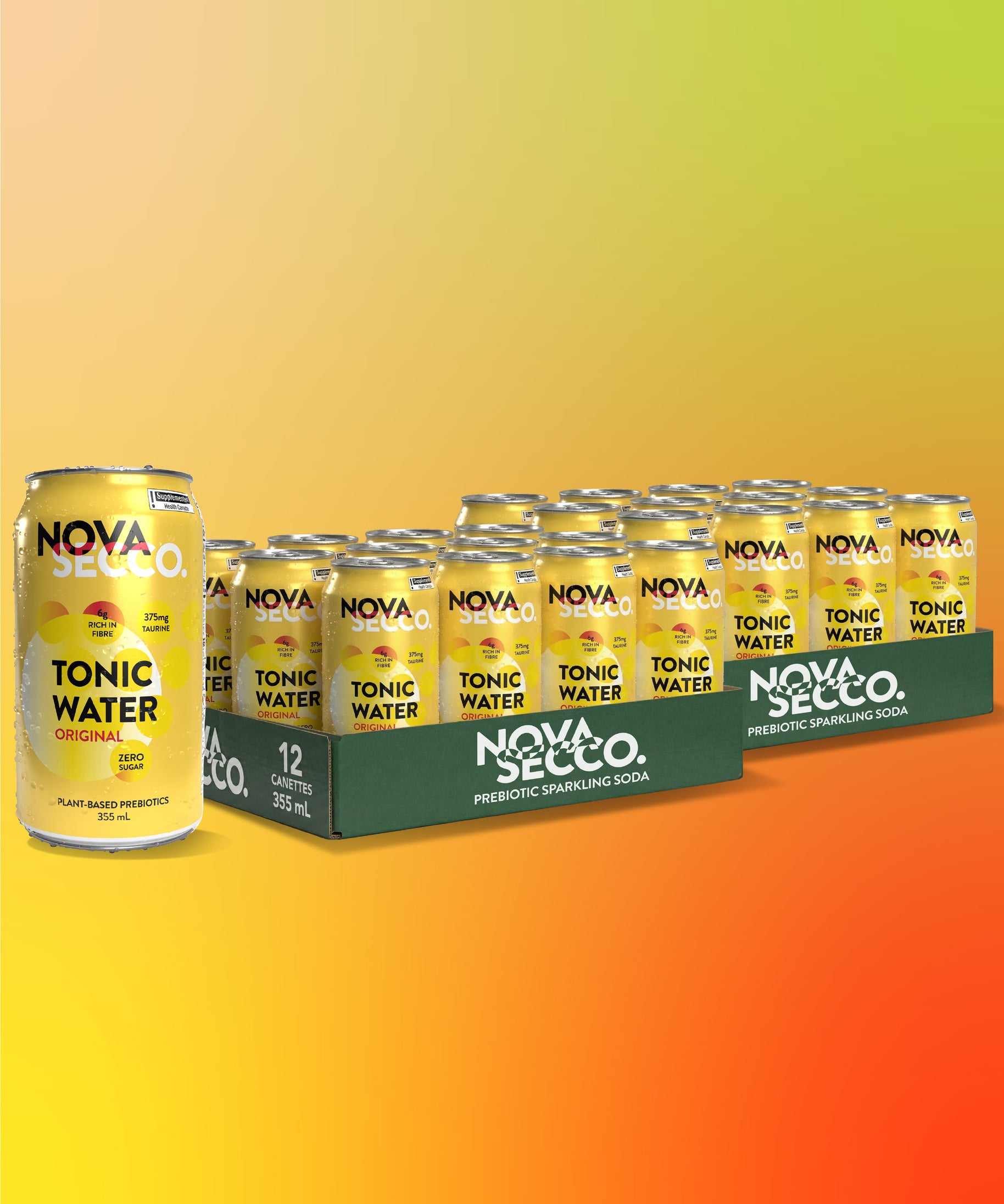 Novasecco Tonic Water can, dry prebiotic tonic soda, packaging close-up