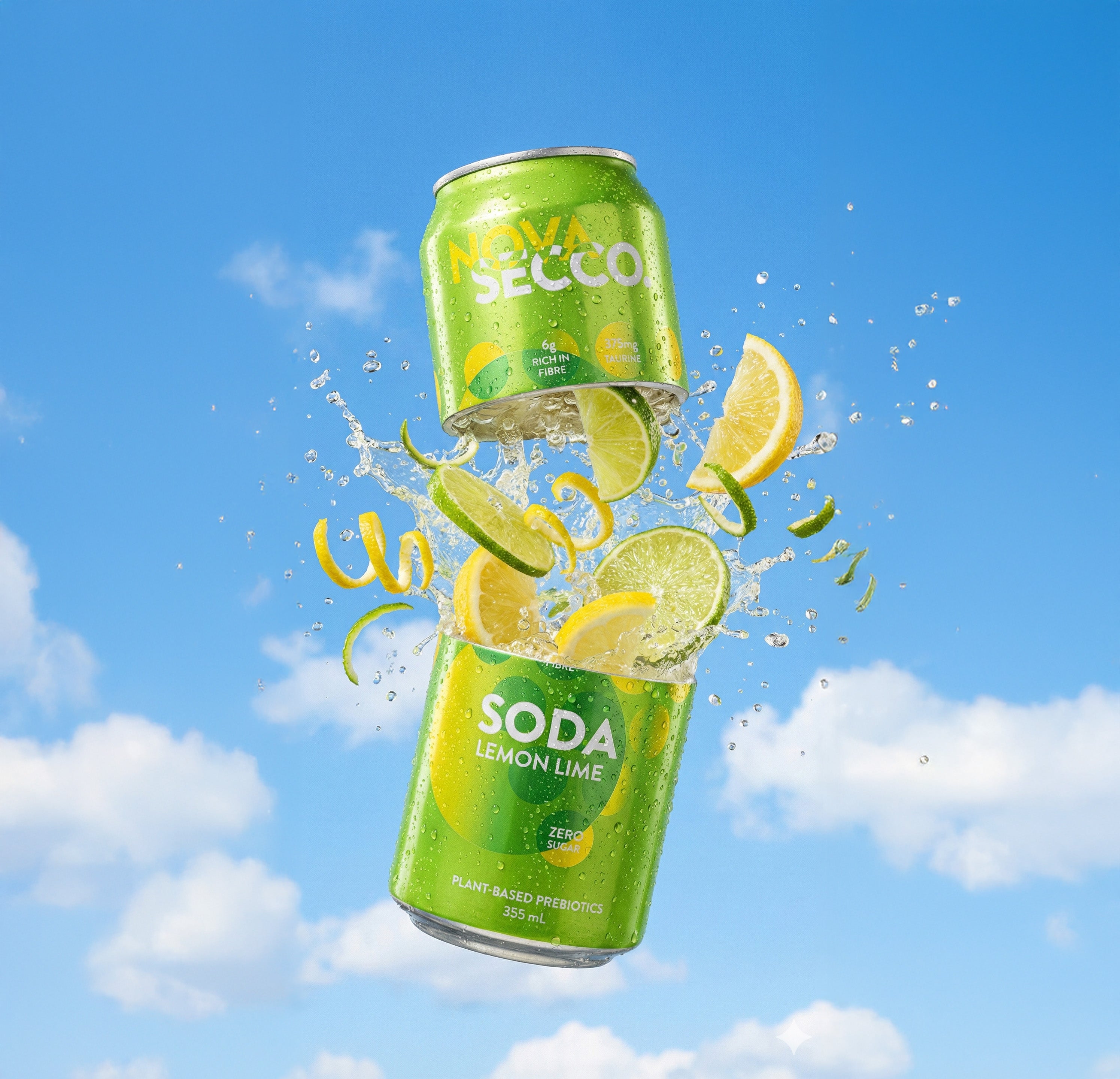 Novasecco Lemon Lime can, prebiotic citrus soda refreshment, label detail
