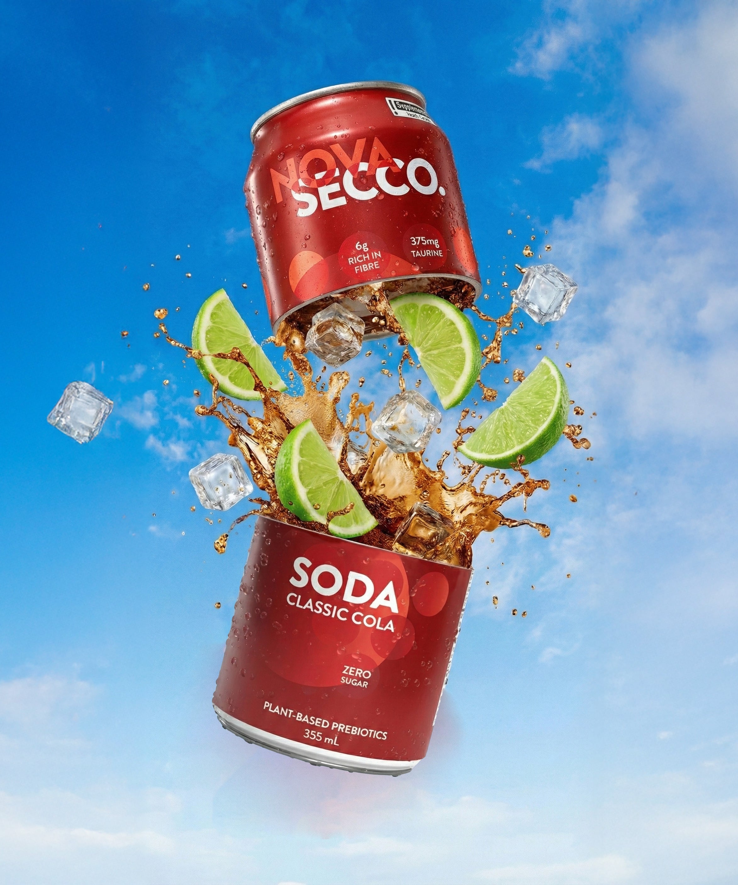 Novasecco Classic Cola can, prebiotic low sugar cola soda, label detail