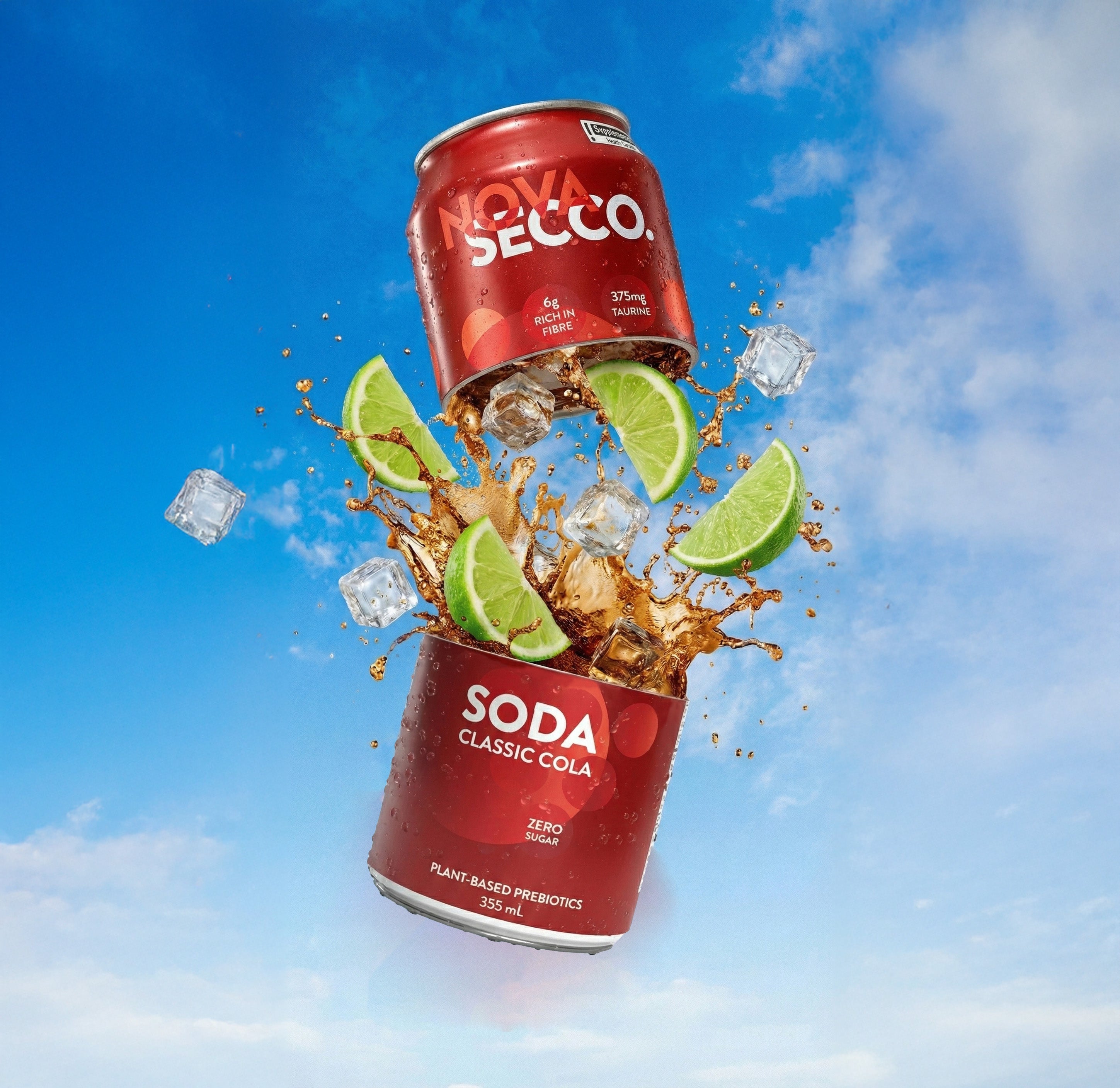 Novasecco Classic Cola can, prebiotic low sugar cola soda, label detail