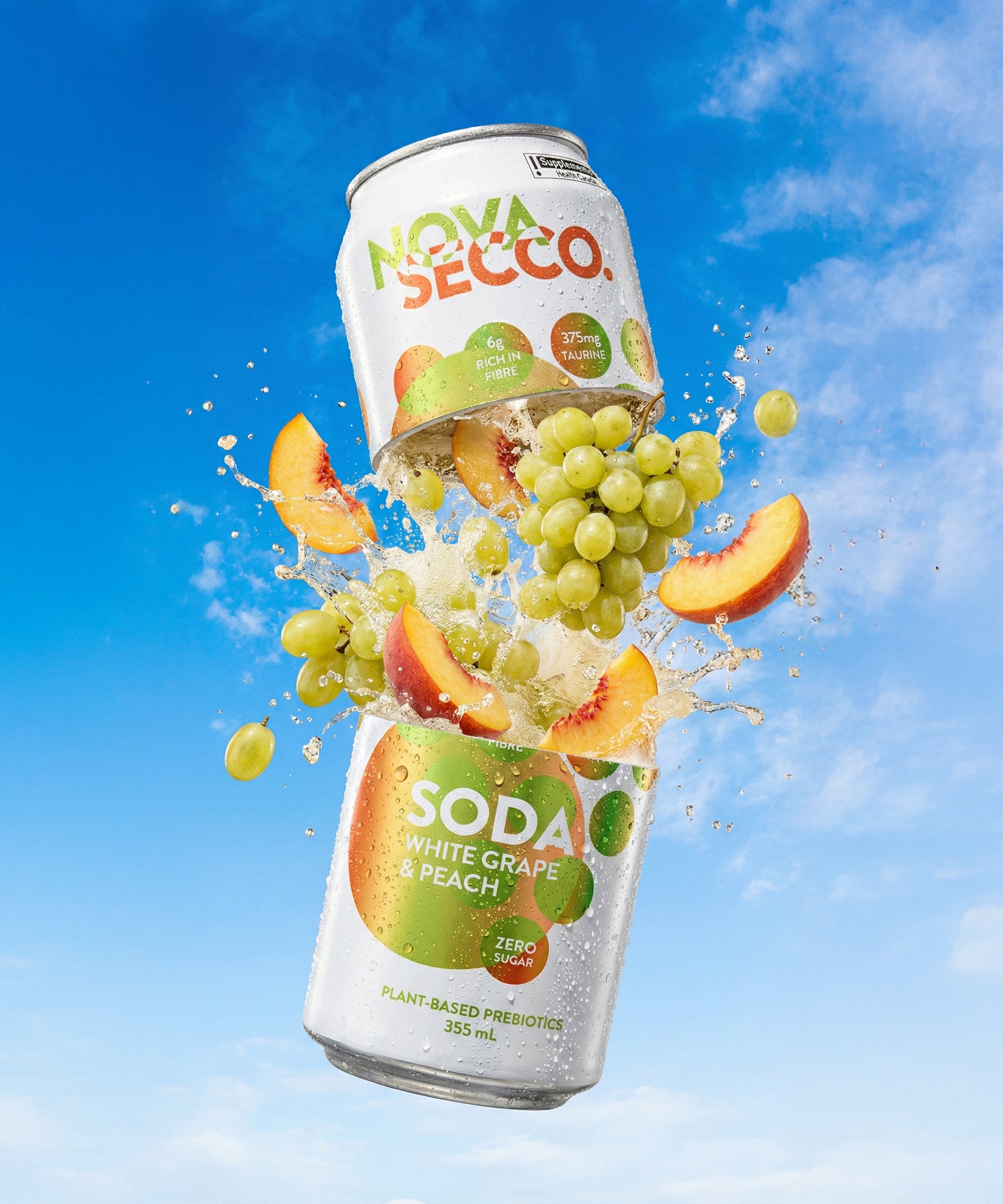 Novasecco White Grape and Peach can, prebiotic orchard fruit soda, label detail