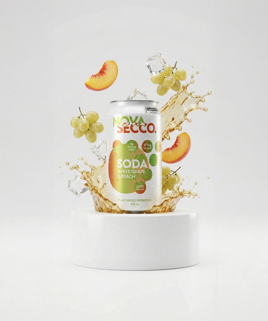 Novasecco White Grape and Peach can, prebiotic orchard fruit soda
