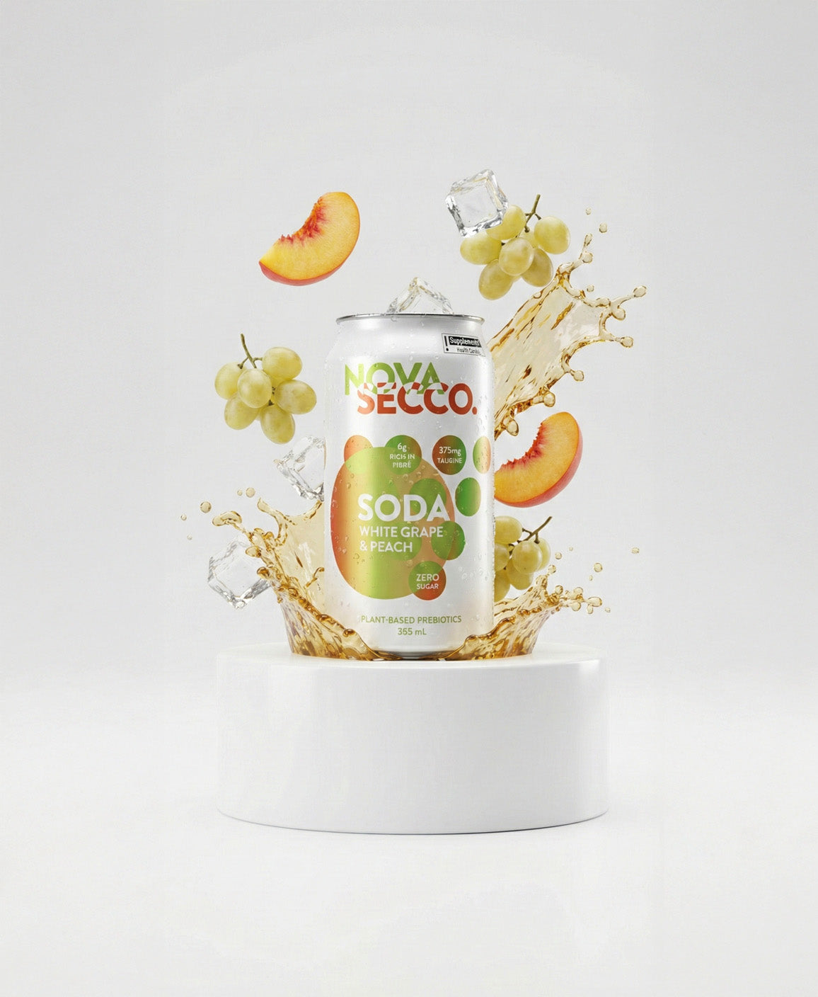 Novasecco White Grape and Peach can, prebiotic orchard fruit soda
